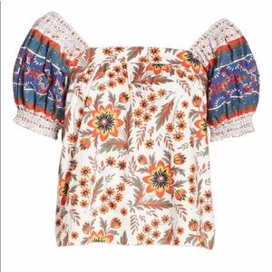 Joie Cleona Cotton Top Puff Sleeves floral square neck ruffle brunch smocked L